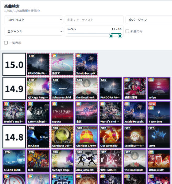実装されている譜面を定数別に表示した譜面DB